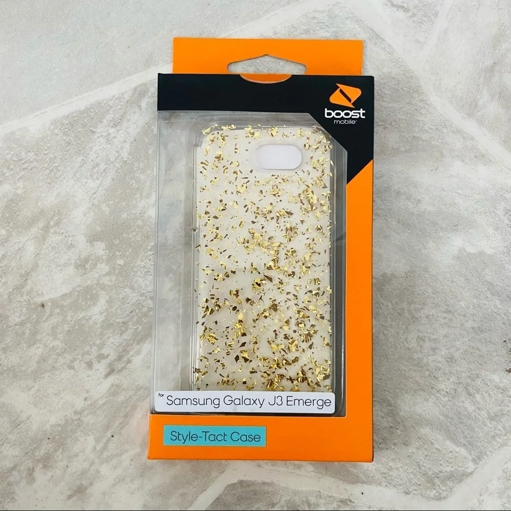 Samsung galaxy J3 Emerge gold sparkle speckle style-tact protective phone case